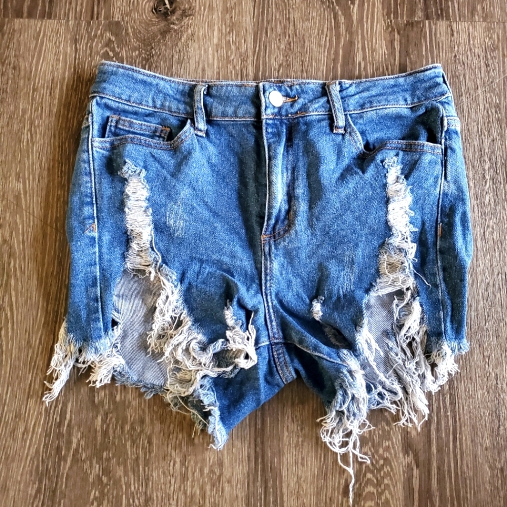 Fashion Nova Womens Blue Jean Cut Up Distressed Shorts Size 9 Bodycon Casual